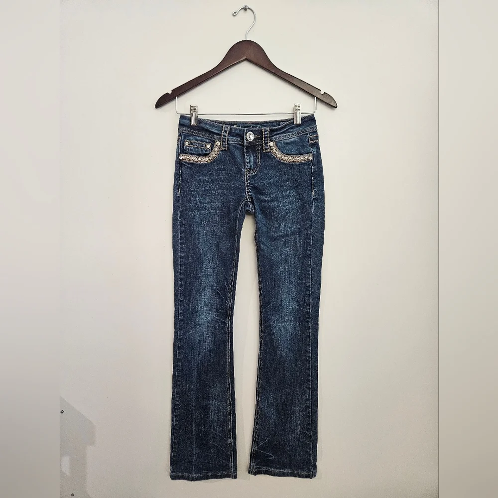 LA Idol USA‎ Rhinestone Cross Flap Pocket Jeans 1/27x34 Tall Y2K Western Bling